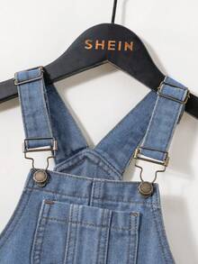 SHEIN بدلة عمل للأطفال والفتيان الصغار من الدنيم الأزرق بتصميم مستقيم الساق، مغسولة بطريقة عتيقة وممزقة ومتهالكة، - أزرق متوسط - مشاهدة 5
