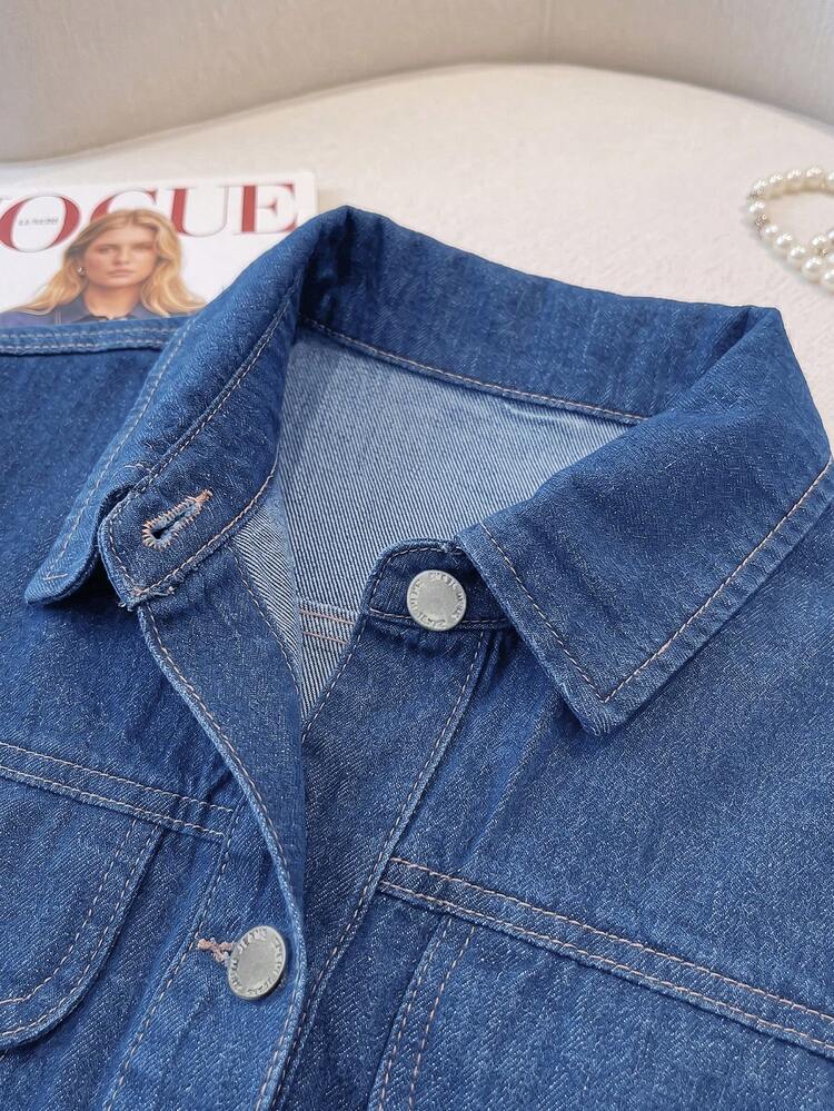 SHEIN MOD Plus Size Women Single-Breasted Casual Versatile Daily Wear Denim Top - Medium Wash - View 4
