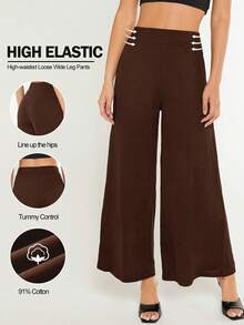 SHEIN BASICS 女款純色時尚百搭寬鬆寬腿褲 夏季女裝套裝 - 棕色 - 查看 7