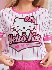 HELLO KITTY AND FRIENDS | SHEIN Set Piyama Atasan dan Celana Pendek Motif Kartun Garis-garis untuk Wanita - Berwarna merah muda - View 6