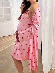 Moonlight&Mama Fashion Pink Heart Print Red Lace Decor Maternity Camisole Nightgown Long Sleeve Robe Loungewear 2pcs Set - Pink - View 2