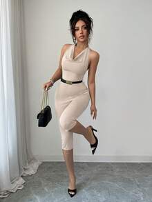 SHEIN Clasi 女款素色休閒性感優雅日常穿搭掛脖連身褲 約會之夜 外出穿著 米色 夏季 - 杏色 - 查看 5