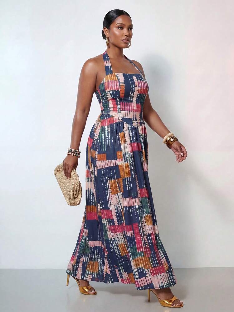 Zivah Plus Size Navy Blue Summer Boho Vacation Holiday Sleeveless Halter Tie Waist A-Line Maxi Dress,Batik Elements Woven Fabric Bohemian Beach Outfit - Multicolor - View 6
