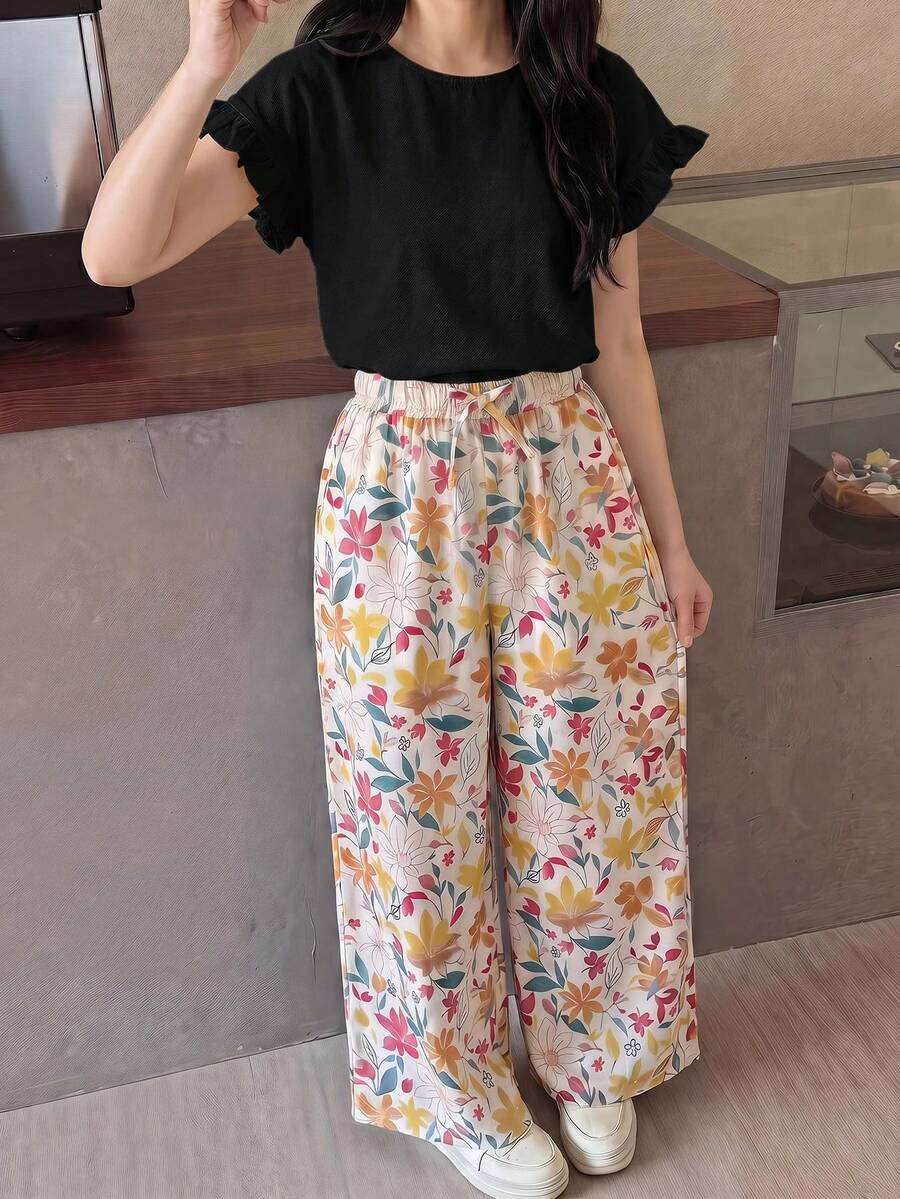 SHEIN 青少年女孩 T-Shirt 套裝 梭織純色短袖上衣搭配碎花長褲休閒套裝 - 黑色 - 查看 1