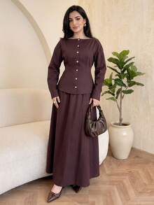 Solavon Women's Shirt And Skirt Arabic Costume Set - Brown - View 5