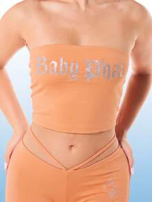BABYPHAT 亮片印花无肩带抹胸露脐针织上衣，适合夏季节日穿着 - 珊瑚橙 - 查看 7