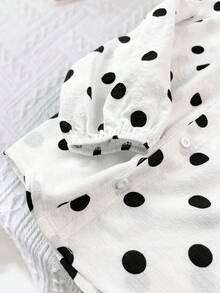SHEIN 女童對比色圓點圖案長袖鈕扣襯衫 - 黑與白 - 查看 4
