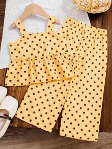 SHEIN 歐美風少女夏季波點印花細肩帶上衣 + 寬腿長褲 2件套，柔軟面料，甜美可愛，適合戶外玩耍穿搭 - 黃色 - 查看 2