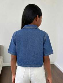 SHEIN 女童深藍色牛仔寬鬆短版夾克 - 中等水洗藍 - 查看 4
