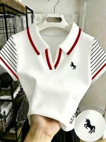 Franclia 女款白色大尺碼條紋袖 Polo 短袖 T 恤，馬刺繡，春夏學院風休閒日常逛街度假寬鬆上衣 - 彩色 - 查看 1