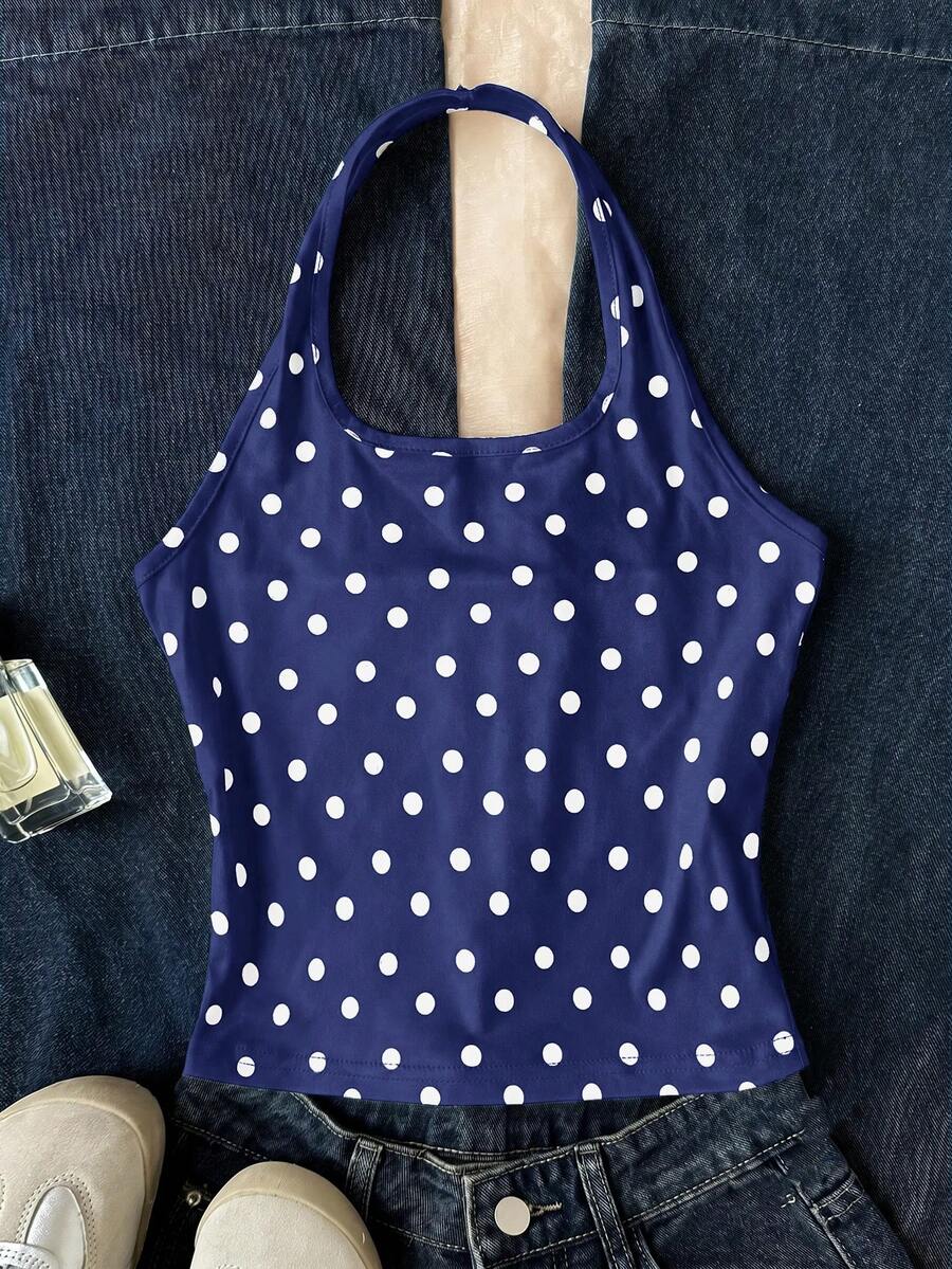 SHEIN Tween Girl Tween Girl Polka Dot Print Fitted Cropped Halter Tank Top - Blue - View 1