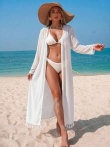 Swim Lushoire Women's Floral Placement Print Cover Up With Detachable Belt, Beach Party Vacation Kimono Cover-Up - White - View 5