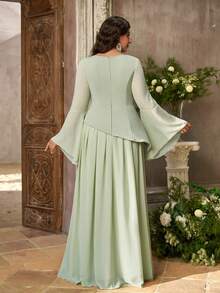 Aureia Plus Size Elegant Sage Green Chiffon Trumpet Sleeve 2 In 1 A-Line Maxi Dress Suitable For Wedding Party Ball Birthday Bridesmaid - Green - View 2