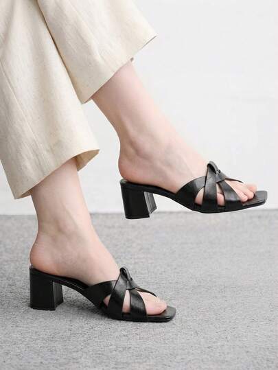 CUCCOO BIZCHIC Sandal Hak Tinggi Wanita Warna Hitam dengan Tali Silang, Sandal Hak Tinggi Nyaman dengan Ujung Persegi, Sandal Gaya Komuter