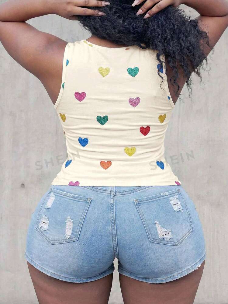 Slaydiva Plus Size Summer Casual Heart Print Tank Top - Apricot - View 2