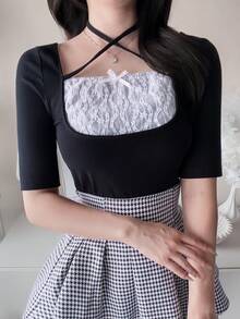 FRIFUL 2-In-1 Faux Layered Contrast Color Ruched Tie-Front Slim Fit Casual Versatile T-Shirt - Black - View 4