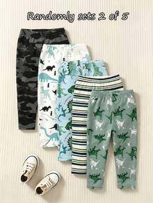 SHEIN 隨機 5 件發 2 件，新款可愛舒適簡約柔軟休閒卡通印花男孩長褲，日常穿著，男孩最愛圖案禮物 - 彩色 - 查看 2