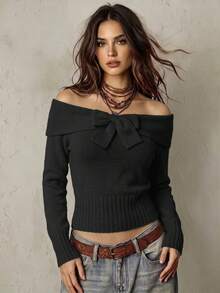 Franclia Women's Minimalist Fashion Collar Bowknot Open Shoulder Long Sleeve Solid Color Knit Pullover Sweater - Black - View 1