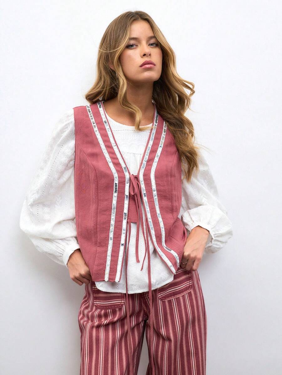 Nöista Blusa sin mangas en rosa empolvado con escote en V profundo y cierres con lazo, detalles decorativos de lentejuelas plateadas. Primavera Verano Vacaciones. Lujo para salir, boda, fiesta, festival, vacaciones, verano - Rosa coral - Ver 1