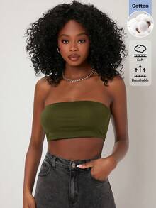 SHEIN BASICS 女款純色休閒日常穿搭抹胸上衣 - 軍綠色 - 查看 6