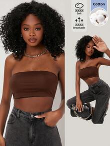 SHEIN BASICS 女款純色極簡舒適抹胸上衣，性感時尚 - 咖啡棕 - 查看 1
