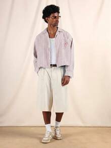 SUMWON Cropped Fit Linen Feel Striped Resort Shirt With Camp Collar, Chest Pocket, And Logo Patch - Baby Pink - View 3