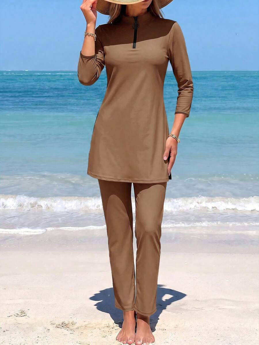 Swim Shayni 26SS 春夏度假優雅保守棕色布基尼泳衣兩件套 - 棕色 - 查看 1
