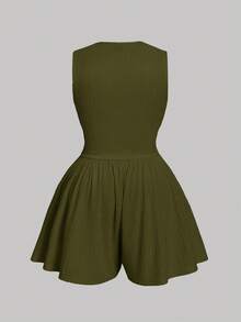 SHEIN MOD V-Neck Ruched Waist Short Plus Size Women Jumpsuit - Army Green - View 2