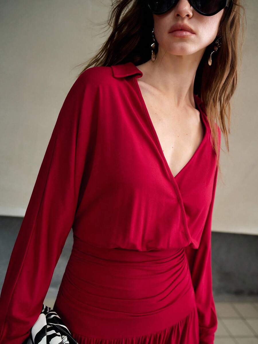 MOTF PREMIUM WOMEN'S AUTUMN KNIT BATWING SLEEVE STRUCTURED DESIGN LONG DRESS - Red - View 2