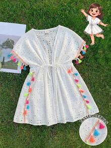 SHEIN LMoss Kids 少女度假休閒流蘇裝飾抽繩腰身洋裝 - 白色 - 查看 4