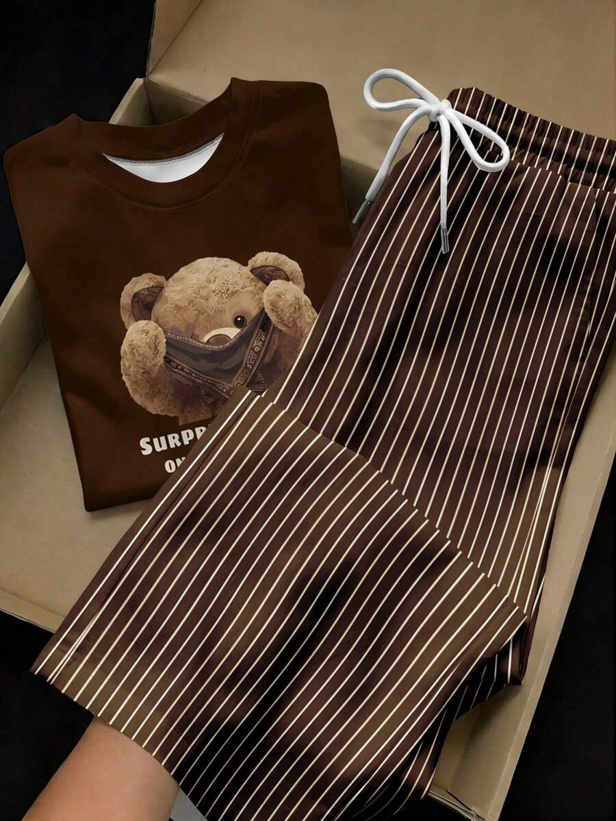 SHEIN EZwear 两件套:刺绣圆领短袖上衣和条纹印花长裤,休闲款 - 彩色 - 查看 1