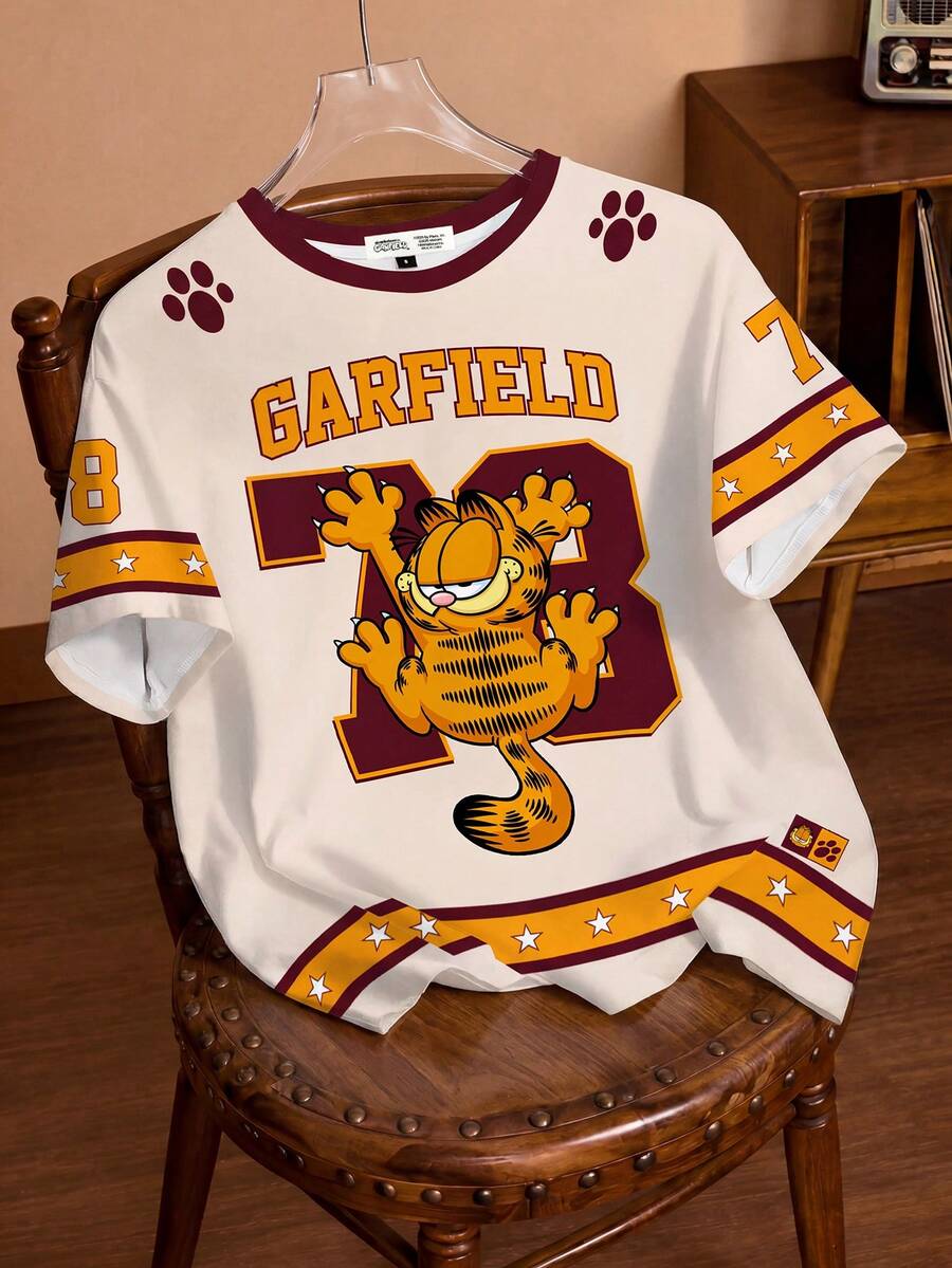 GARFIELD | SHEIN 女士休闲数字猫咪印花圆领短袖T恤,夏季 - 白色 - 查看 1