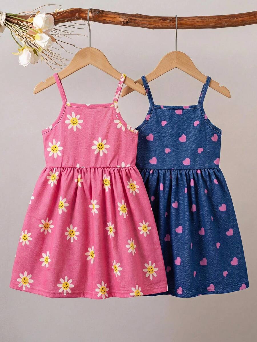 Elladie kids 2pcs/Set Young Girls' Blue Spring/Summer Cute Strap Waist A-Line Dress Set,Daisy Heart Print School Style For Outings,Matching Outfits For Sisters