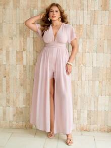 Roveilla Plus Size Women's French Elegant V-Neck Short Sleeve Solid Color Flowy Jumpsuit Wedding Evening Formal Dusty Pink Summer Wedding - Dusty Pink - View 5