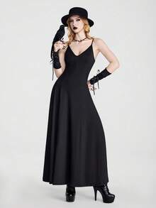 SHEIN LUNE Casual Embroidered V-Neck Spaghetti Strap Dress - Black - View 3