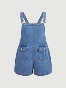 Sweetra Plus Size Denim Overalls, Casual Sweet Light Blue Loose Fit Denim Jumpsuit, Suitable For Daily Commute, Travel, School Season, Versatile Denim Romper - Light Wash - View 1