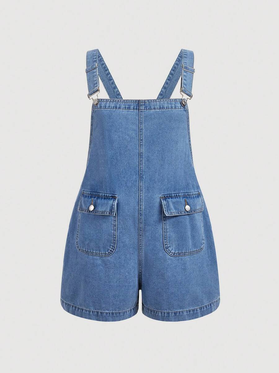 Sweetra Plus Size Denim Overalls, Casual Sweet Light Blue Loose Fit Denim Jumpsuit, Suitable For Daily Commute, Travel, School Season, Versatile Denim Romper - Light Wash - View 1