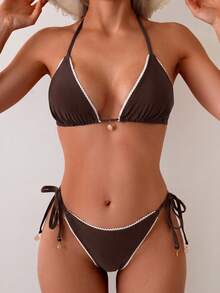 Swim Vcay 女款兩件式掛脖細肩帶蕾絲飾邊三角比基尼套裝 - 棕色 - 查看 5