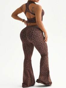 Rhythm Era Women's Seamless Plus Size Leopard Print Sports Set Tank Top Flare Pants Gym Sports Chocolate Brown Summer - Multicolor - View 2