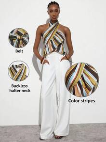 MAIJA Beach Striped Halter Crossover Ruffle Hem Crop Top Summer Fall Halloween Party School - Multicolor - View 4
