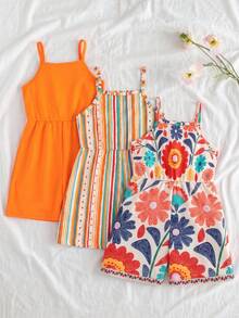 SHEIN Elladie kids 3件套女童夏季新款印花纯色连体短裤，简约时尚度假风连体裤 - 彩色 - 查看 2