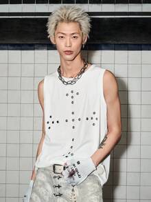 ROMWE MEN Street Life Men's Cross Eyelet Tank Top - White - View 5