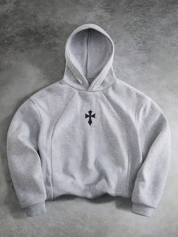 1pc Men's Teen Fashion Minimalist Hooded Pullover Knit Sweatshirt, Patchwork Split Design Highlights Silhouette, Exquisite Small Embroidery Design Adds Uniqueness, Comfortable Fabric, Spring/Autumn New Style, Sports Streetwear Outfit, Suitable For Multiple Seasons
