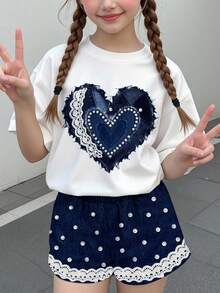 青少年女孩休閒可愛甜美紋理珍珠愛心印花拼接短袖上衣與短褲兩件套，適合夏季，圖案設計，舒適女孩套裝，Y2K復古度假返校風格 - 彩色 - 查看 2