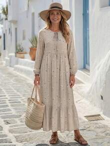 EMERY ROSE Women's Vacation Casual Cottage Core Boho Cottagecore Ditsy Floral Dress Vacation Beige Autumn Vacation Picnic Vacation - Khaki - View 4