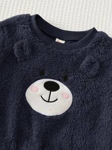 Cozy Pixies 男嬰卡通熊圖案抓絨內裡加厚圓領長袖套頭運動衫與彈性腰長褲 2 件套 秋冬款 - 藏蓝色 - 查看 3