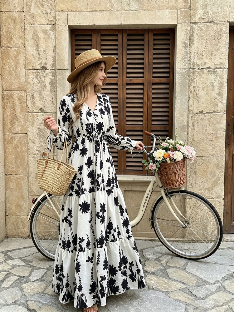 Breezaya Autumn New Commuter V-Neck Printed Slim Fit Elastic High Waist A-Line Long Dress Vacation Minimalist Tie-Up French Style Black & White Contrast Print - Black and White - View 4