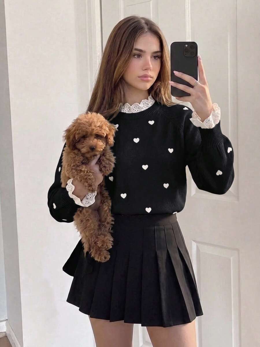 SHEIN Tween Girl Patchwork Embroidered Stand Collar Long Sleeve Heart Pattern Sweater - Black - View 1