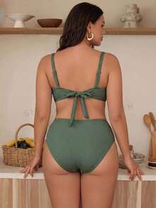 Swim Chiccia Sage Green Summer Elegant Beach Vacation Holiday Women Chiccia 2-Piece Bikini Set,Solid Color Textured Side Ruched Deep V-Neck Plus Size Swimwear - Green - View 2