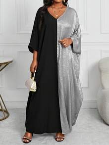 SHEIN Lady Plus Size Women Contrast Color V-Neck Batwing Long Sleeve Loose Casual Dress, Autumn/Winter Fall - Silver - View 5
